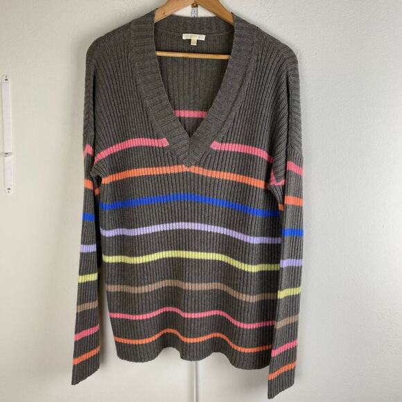 Lisa Todd Neon Stripe V Sweater Size M Gray Pink Cotton Linen Relaxed Maximalist - Picture 6 of 11